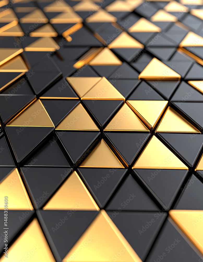 Poster a close-up of a geometric pattern featuring shiny black and gold triangular tiles, creating a modern