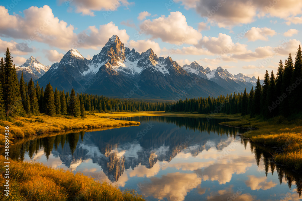 Poster serene mountain landscape with pine forest reflection in calm river under soft sunset light and dram