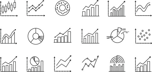 Graphs and Charts Line Editable Icons set. Vector illustration in modern thin line style of business infographic related icons: donut chart, diagram, arrows, and more
