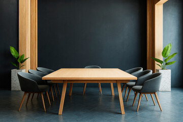 Modern minimalist meeting room with wooden table, black chairs, dark wall background, and natural light accents in clean indoor design template.