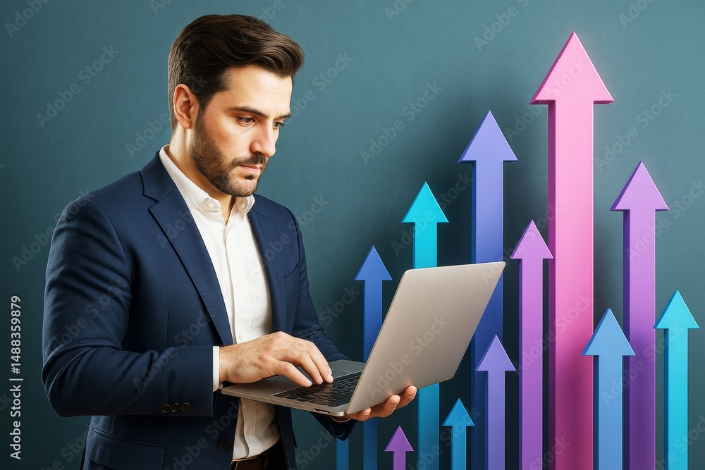 Poster Businessman using laptop with colorful upward arrows on background symbolizing growth and success in a creative digital context.