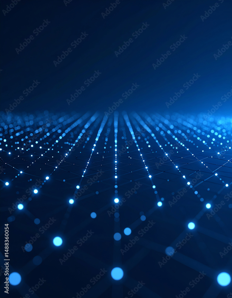 Poster a mesmerizing digital landscape featuring glowing blue dots and lines, creating a sense of depth and