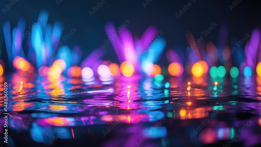 Poster abstract dark backdrop. neon multicolored illumination reflects on the water. light display. blurred