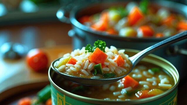 Canned rice soup on a tablespoon