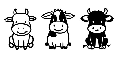 Cute Sitting Cow In style of Outline and Silhouette Vector Illustration For Farm Animal Decor and Cricut Crafting Project Design, Transparent Background, Printable Elements
