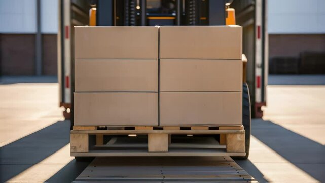 Forklift unloading cardboard boxes from truck at warehouse dock
