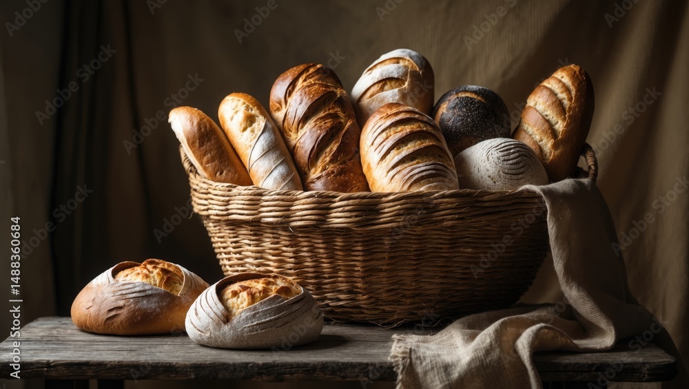 Poster assorted fresh breads displayed in a basket on the table
