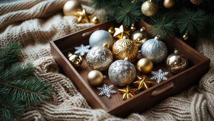Fashionable Christmas baubles displayed in a wooden container on a knitted blanket alongside fir branches and decorations. Tree decoration using real vintage golden ornaments. Background