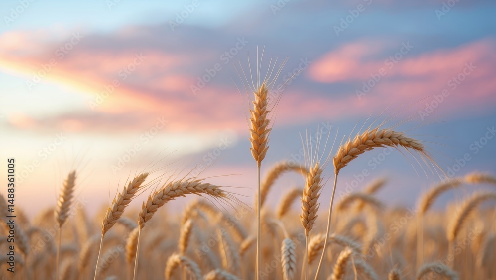 Aufkleber unripe wheat field under evening clouds, with a focus on the foreground and shallow depth of field.