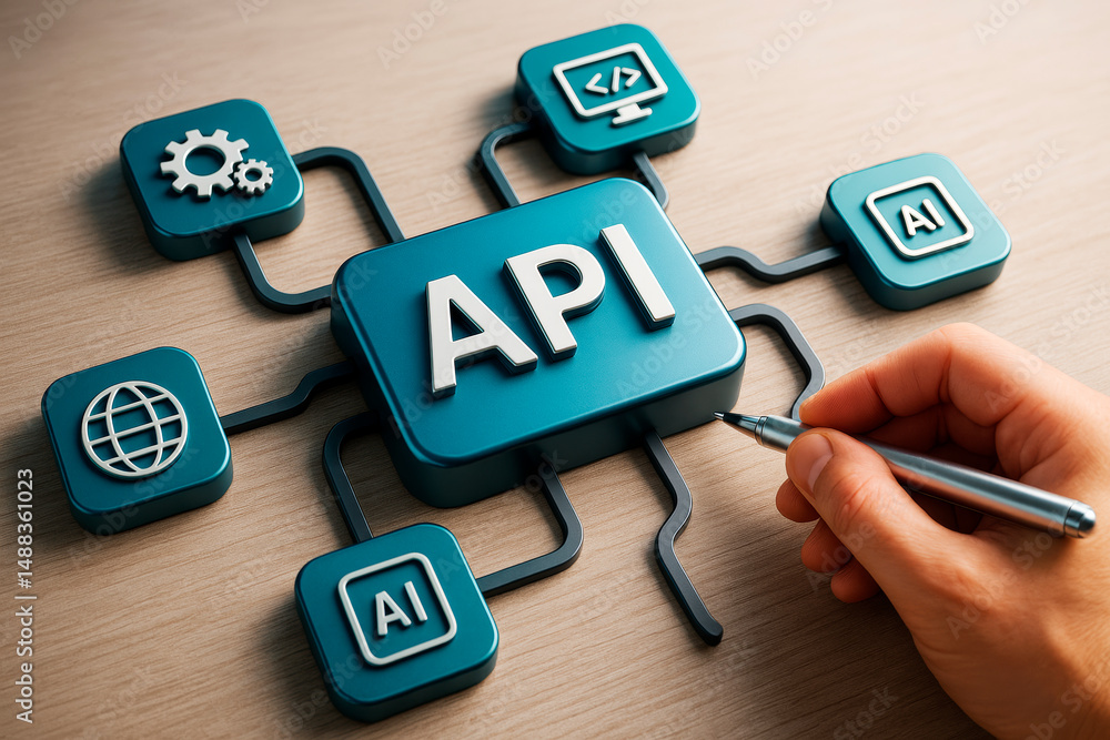 Leinwandbilder API integration concept with technology icons and human hand on wooden background showing digital connection structure and business solution idea.