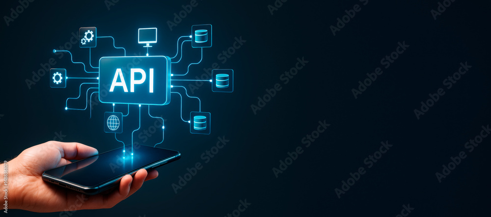 Aufkleber Hand holding smartphone with glowing API interface icons symbolizing data integration and technology concept on dark background.