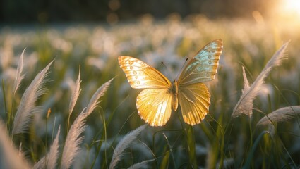 Glowing golden butterfly basking in the sun, detailed view. Wild meadow grass under sun rays. Artistic and romantic portrayal of living nature.