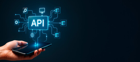 Hand holding smartphone with glowing API interface icons symbolizing data integration and technology concept on dark background.