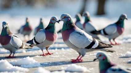 Pigeons on Snow. Background featuring selective focus
