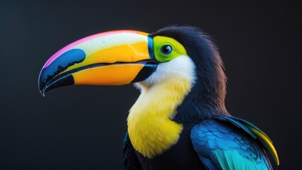 Fototapeta premium A detailed view of a toucan bird set against a black backdrop