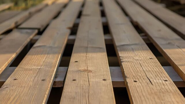Wooden planks forming a pathway with varying lighting conditions