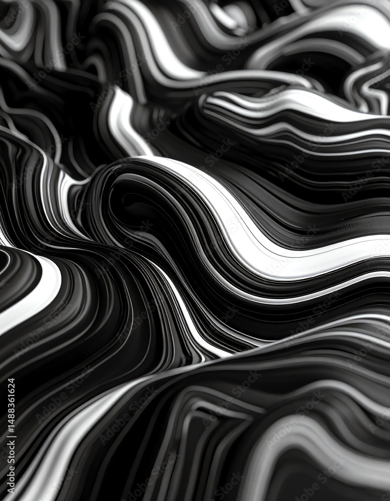 Poster abstract black and white waves create a flowing, dynamic texture, emphasizing motion and contrast in