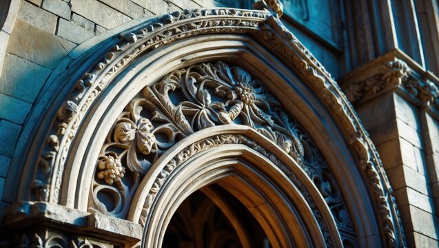 An ornate stone arch with detailed carvings, presumably from a stone building, showcasing decorative designs.