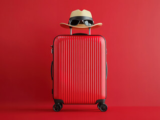Stylish Red Suitcase with Hat and Sunglasses