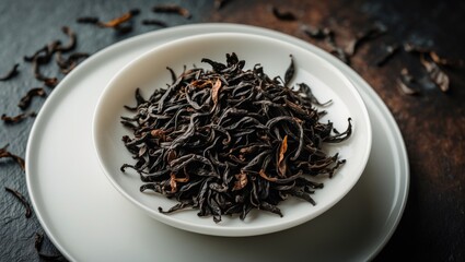 Fototapeta premium White dish holding black tea leaves