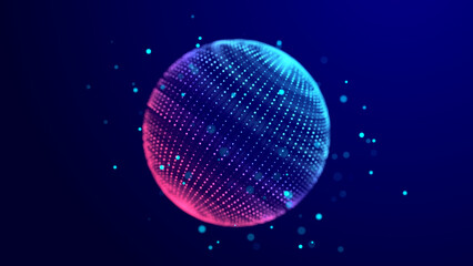 Collection of bright dots on a dark background. Abstract sound wave of particles. Data network. 3D rendering.