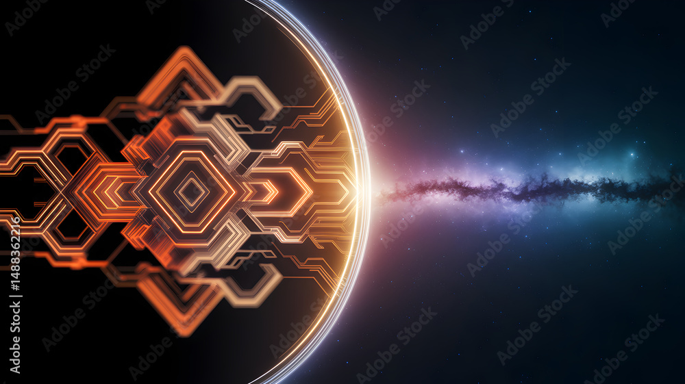 Poster digital realm: a captivating digital composition where circuits intertwine, revealing a cosmic dance
