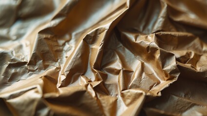 Intense close-up of wrinkled brass foil surface. Soft focus and shallow depth of field.