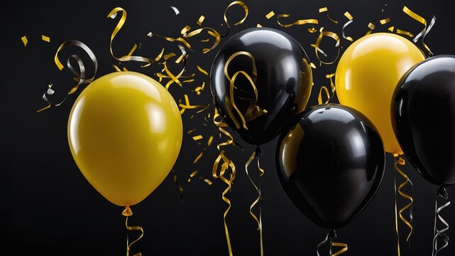 "Decoraci&oacute;n de fiesta elegante con globos negros y dorados y serpentinas en fondo oscuro para celebraciones y eventos especiales