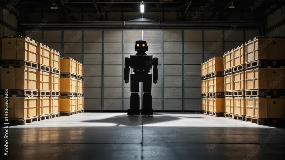 Poster giant robot standing still in warehouse with boxes