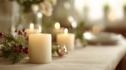 cozy christmas scene featuring beautifully set table adorned with glowing candles