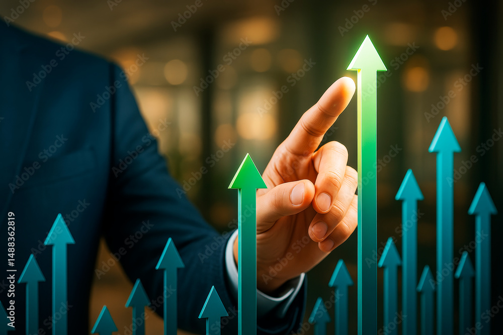 Poster businessman pointing at glowing upward arrow symbolizing growth and success with multiple arrows on 