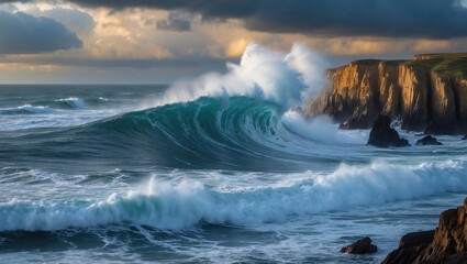 Fototapeta premium Waves crashing on a rocky coastline beneath a cloudy sky