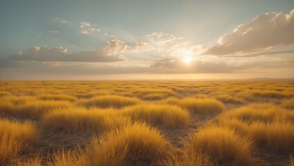 Fototapeta premium Sunlit yellow grassfield under a clear sky with clouds and horizon view in Albuquerque, New Mexico
