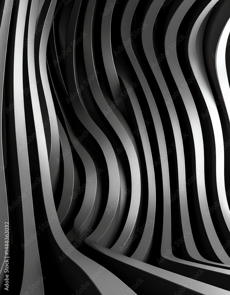 Poster abstract black and white design featuring flowing, wavy lines that create a sense of movement and de