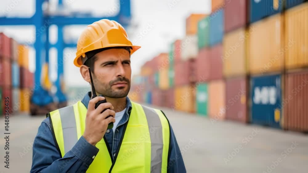 Poster Engineer communicating with walkie talkie in container terminal