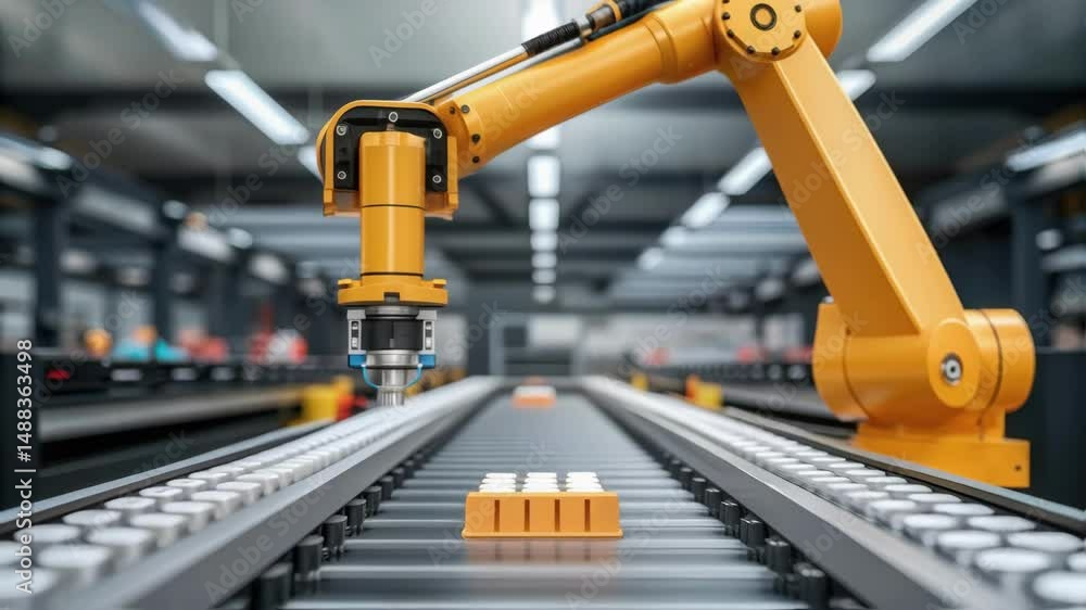 Poster Robotic arm processing product on assembly line in factory