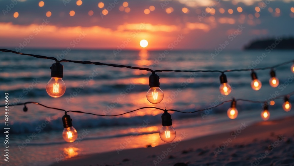 Poster decorative string lights at sunset with sea setting and abstract background