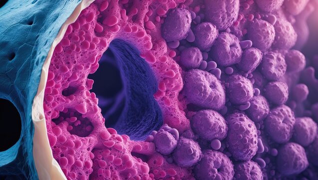 Microscopic examination of bone marrow biopsy from condition, with a portion of bone visible on the right.