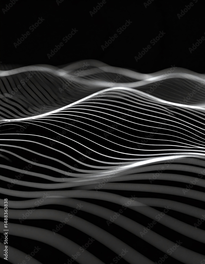 Poster abstract black and white image featuring elegant, flowing lines creating a wave-like pattern against