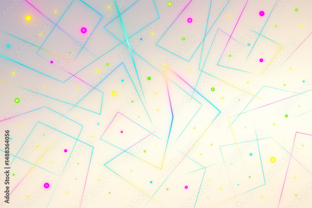 Poster Abstract geometric neon shapes and glowing dots on light background with colorful lines and soft gradients forming a modern digital pattern.