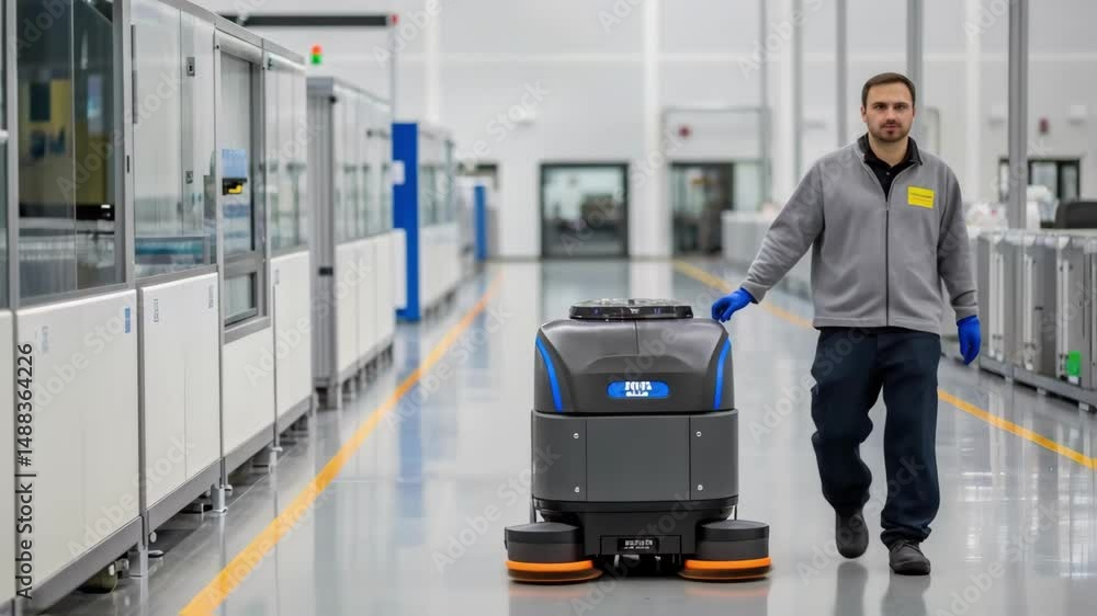 Poster floor cleaning robot following technician in modern factory
