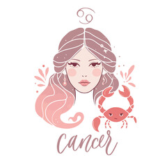 Zodiac girl Cancer. Vector astrological signs as a beautiful woman. Future telling, horoscope, alchemy, spirituality, occultism.