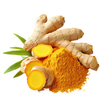 Turmeric, a spice from the Curcuma longa plant, with some powder and fresh ginger, isolated on a transparent background Png file format