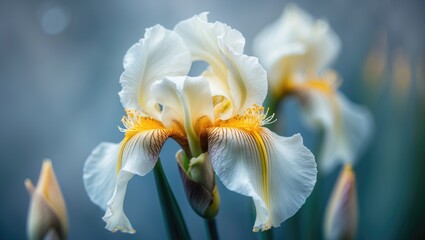 Intimate macro image of bearded iris blossom petals with visible stamens and pollen, softly focused background