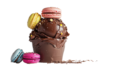 Chocolate Ice Cream Scoop with Macarons in Cup