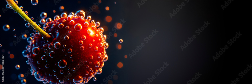 Poster close-up of cherry with bubbles in sparkling water on dark background with copyspace, creative food 