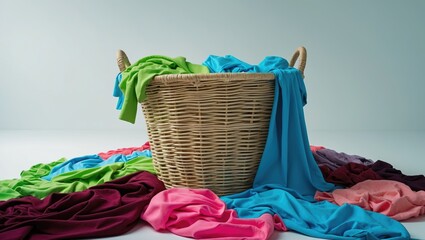 Clothes contained in a laundry basket set against a background