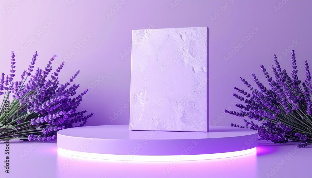 Poster artistic display of blank canvas surrounded by lavender studio setting modern concept aesthetic envi