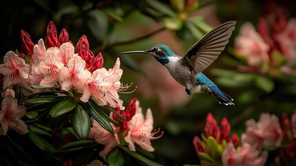 A hummingbird in flight amidst blossoms.