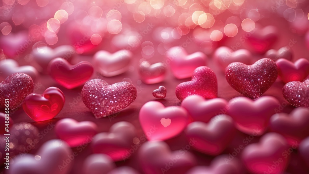 Poster abstract viva magenta and pink red heart pattern with sparkling glitter bokeh and blurred texture